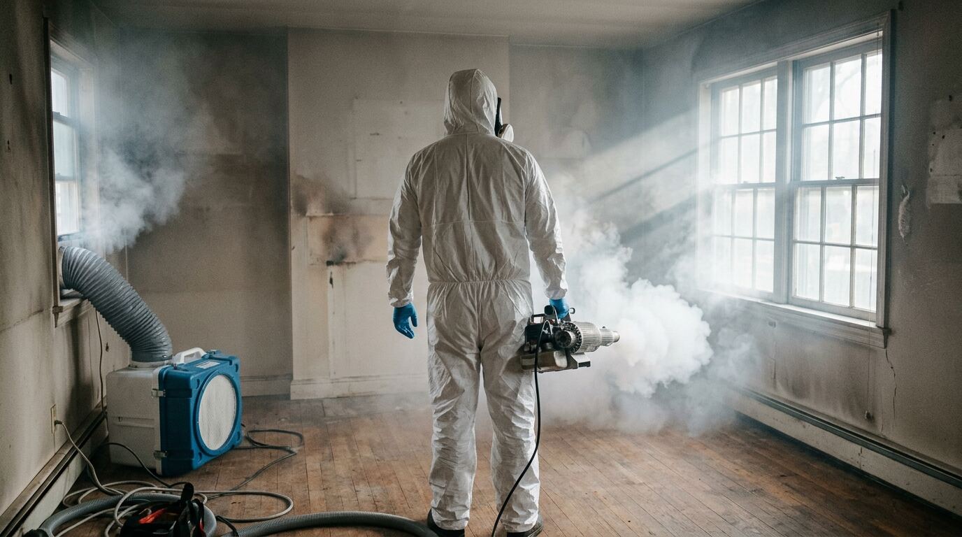 技术人员在烟熏受损的客厅使用热雾设备进行除异味消毒