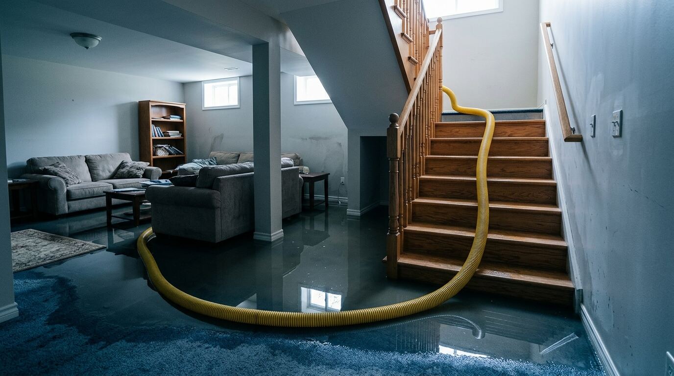 长岛住宅地下室暴雨淹水，抽水软管从楼梯接入
