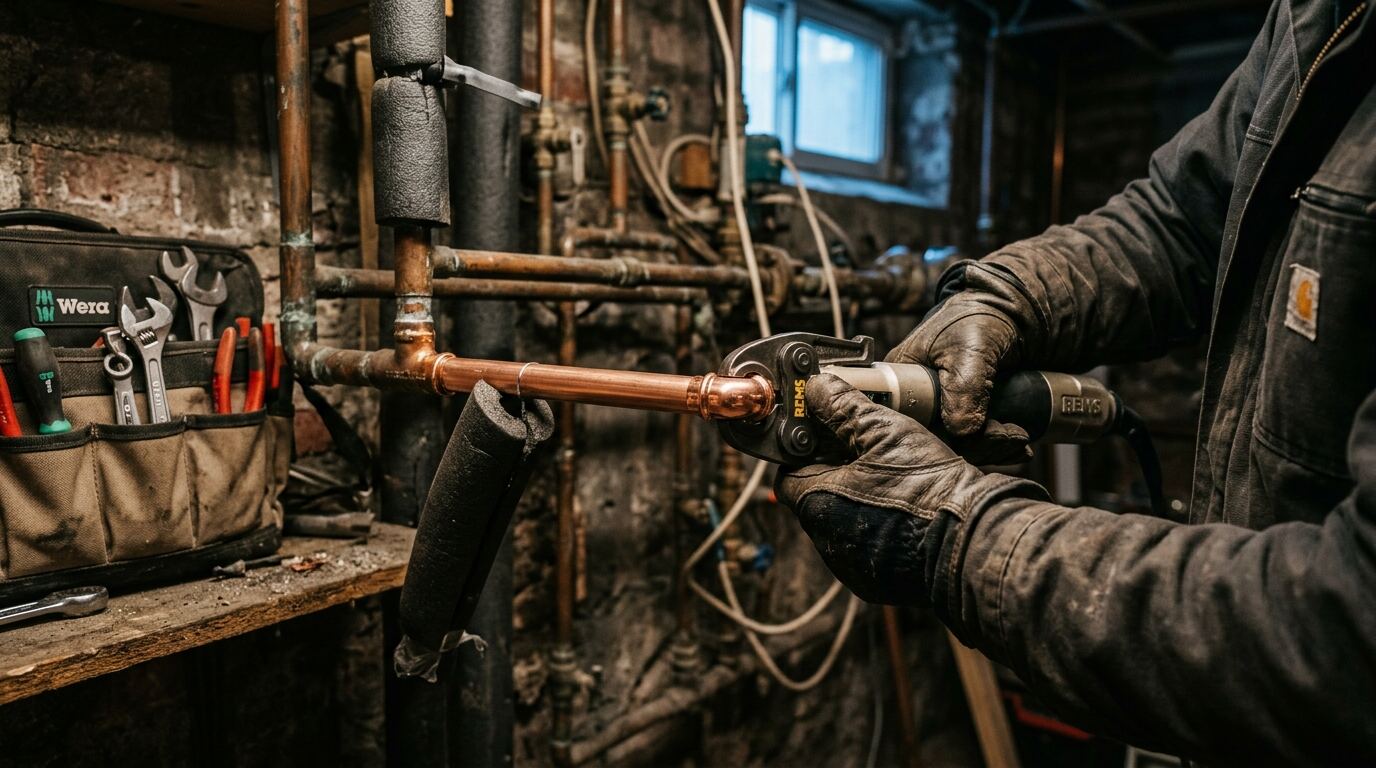 技术人员在地下室更换漏水铜水管管段