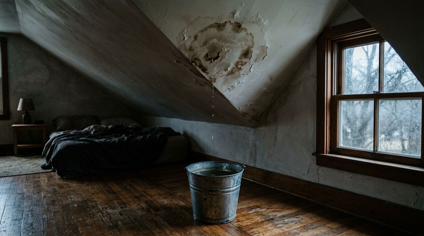 顶楼天花板因屋顶渗水出现水渍，下方用水桶接水