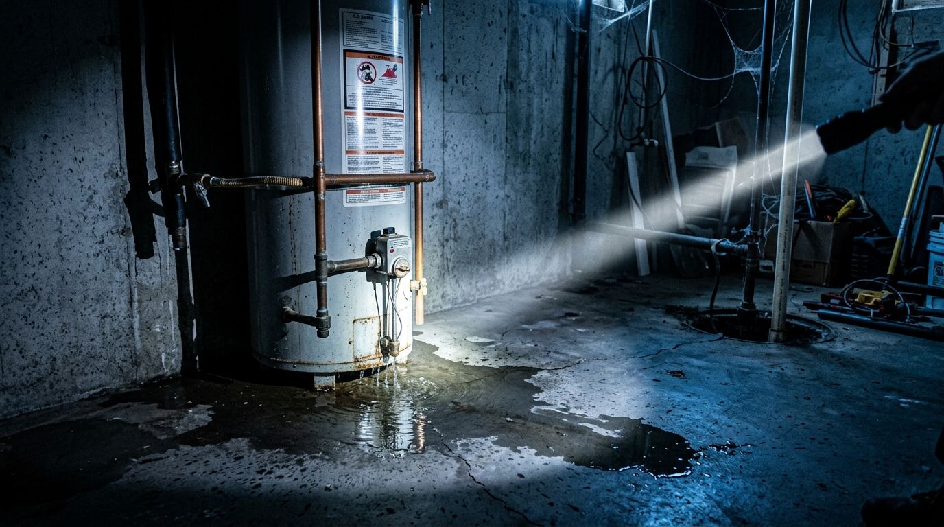 地下室热水炉底部漏水积水